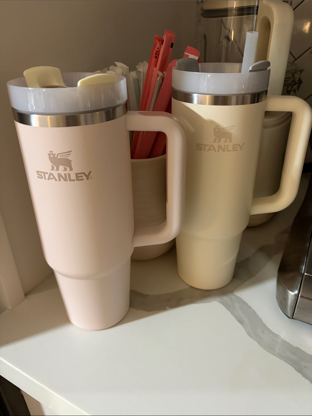Stanley Pale Pink and Cream Insulated Travel Mugs with Handles